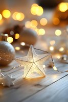 Glowing star light decoration with silver ornaments on wooden surface, warm bokeh background creates festive holiday atmosphere.