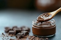 Melted dark chocolate dripping from wooden spoon over glass jar, with chocolate pieces and cocoa powder scattered on dark surface, food photography.