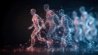 Glowing digital wireframe figures running in sequence showing motion and transformation, with particles and light effects on dark background creating futuristic atmosphere.