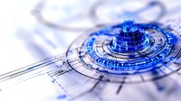 Futuristic circular technology concept with glowing blue elements on architectural blueprint background, modern digital interface design for tech presentations.