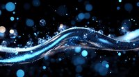 Abstract blue flowing wave with sparkling particles and bokeh lights on dark background for digital technology and futuristic design projects.