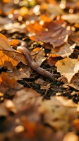 Earthworm crawling through fallen autumn leaves on forest floor with warm golden sunlight and bokeh background creating natural seasonal atmosphere.