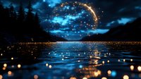Magical glowing orb hovers above serene lake at night, surrounded by golden and blue luminous particles, creating enchanted atmosphere over calm water and forest silhouettes.
