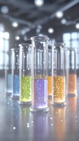 Glass test tubes containing colorful glowing liquids with floating particles in laboratory setting. Soft bokeh lights create magical scientific atmosphere.