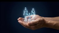 Protective hands holding glowing holographic family figures representing life insurance, healthcare coverage and financial security concepts.