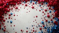 Red and blue star confetti scattered on white background creating patriotic border frame, festive holiday celebration pattern for Independence Day designs.
