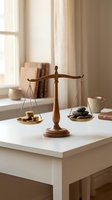 Wooden balance scale with gold coins on one side and dark stones on the other, symbolizing financial justice and decision-making on a white desk.