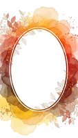 Autumn watercolor oval frame with fall leaves and warm orange splashes for seasonal greeting cards, invitations and decorative designs.
