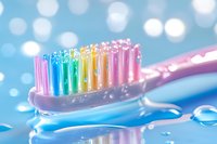 Colorful rainbow toothbrush with multicolored bristles on blue background with bokeh lights and water droplets for dental hygiene and oral care concepts.