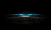 Futuristic digital landscape with glowing blue horizon line and grid pattern of illuminated dots stretching into dark distance creating depth perspective.