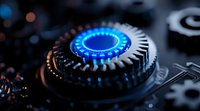 Glowing blue mechanical gear wheel with metallic cog elements in dark environment, macro photography showing industrial machinery details and technological precision.