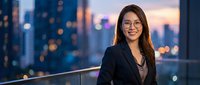 Professional Asian businesswoman in suit smiling confidently on urban rooftop terrace at sunset with city skyline background for corporate success concepts.