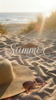 Sunny beach scene with straw hat, sunglasses on sand, golden sunlight, and Summer script text overlay for seasonal social media.