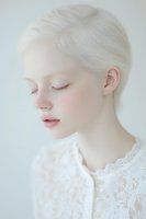 Young woman with platinum blonde hair and pale complexion in white lace dress, eyes closed in serene expression against light background. Ethereal beauty portrait.