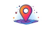 Vibrant gradient location pin marker floating above purple map segment with colorful dots scattered around, isolated on white background for navigation apps and location services.