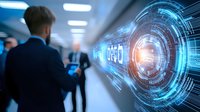 Businessman looking at futuristic holographic interface in office corridor. Digital transformation concept with glowing blue circular HUD display and technology elements.