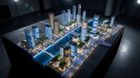 Illuminated architectural scale model of a modern city with skyscrapers and urban planning layout displayed on a dark studio table.