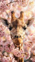 Giraffe surrounded by blooming pink cherry blossoms, looking directly at camera with gentle expression. Wildlife animal portrait with spring flowers for nature and animal lovers.