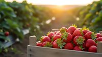 Fresh ripe strawberries in wooden crate at organic farm during golden hour sunset. Agricultural harvest concept for healthy eating and local produce marketing.