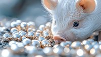 White baby mouse close up portrait among shiny silver and gold decorative balls with soft bokeh effect and selective focus on eye and nose.