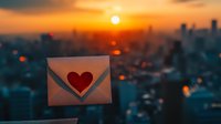 Love letter envelope with red heart against blurred urban sunset cityscape, romantic message concept with warm orange sky and bokeh lights background.