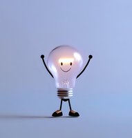 Glowing light bulb character with happy smiling face and raised arms wearing shoes stands against blue background, representing bright ideas and creativity.