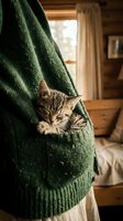 Tabby kitten nestled in green knit sweater pocket, cozy cabin interior with wooden furniture and warm natural light, perfect for lifestyle and pet-related designs.