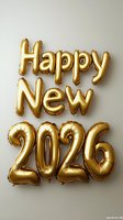 Golden foil balloon letters spelling Happy New 2026 against neutral background, celebration text floating in metallic shine for festive holiday decoration.