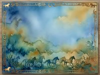 Watercolor painting of wild horses running freely across misty landscape with golden and blue tones, ornate decorative border frame, suitable for wall art and home decor.