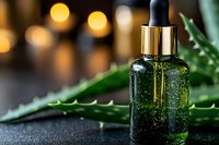 Green glass dropper bottle with aloe vera extract and golden bokeh lights on dark background, fresh plant leaves for natural skincare and wellness products.