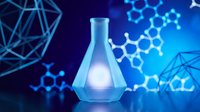 Laboratory flask with glowing light surrounded by molecular structures and geometric shapes on blue background for scientific research concepts.