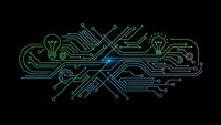 Digital circuit board pattern with glowing green and blue lines, lightbulb icons and electronic pathways on black background for technology designs.