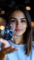 Young Hispanic woman with glowing magical sparkles floating from her palm against dark background with bokeh lights, wearing casual blue attire.
