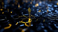 Futuristic digital security concept with golden key emerging from dark hexagonal grid, symbolizing cybersecurity and data protection.