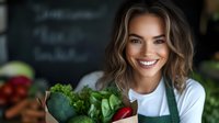 Young Caucasian woman chef smiling while holding fresh broccoli and greens in professional kitchen. Healthy cooking and organic vegetables concept.