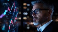 Mature businessman with gray hair and glasses analyzing financial market data on futuristic holographic display showing trading charts in dark office.