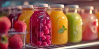 Colorful glass bottles with fresh fruit smoothies and juices in refrigerator, raspberry, orange, and green apple flavors for healthy lifestyle and detox programs.