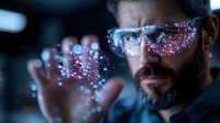 Middle-aged bearded scientist in protective glasses examining glowing particles with dramatic lighting, demonstrating research and innovation in modern laboratory setting.
