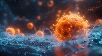 Glowing orange virus cell floating in microscopic blue environment with water droplets and bokeh effects, dramatic scientific visualization for medical research.