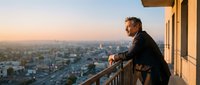 Middle-aged Caucasian businessman in dark suit standing on modern balcony overlooking urban cityscape during golden hour sunset, contemplating future success.