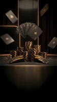 Luxury casino scene with floating playing cards, poker chips stacks and golden lighting for gambling entertainment and gaming industry marketing.