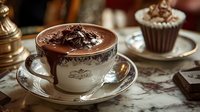 Rich hot chocolate topped with chocolate shavings in vintage porcelain cup with cupcake on marble table, creating cozy cafe atmosphere.