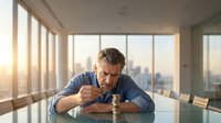 Middle-aged Caucasian businessman in blue shirt stacking coins at conference table in modern office with city skyline view during golden hour sunset.