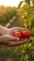 Farmer hands holding fresh ripe red tomatoes at sunset in organic garden with warm golden light and green tomato plants in background for harvest concept.