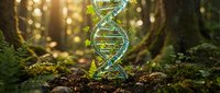 Glowing DNA double helix structure emerging from forest soil with moss and organic matter, representing biotechnology and genetic research in natural environment.