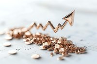 Rose gold arrow trending upward with scattered metallic particles on financial chart background, representing growth and market success in business concept.