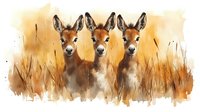 Three young deer gazing forward in autumn field, watercolor style artwork with soft golden tones and delicate brush strokes showing wildlife in natural habitat.