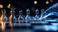 Chess pieces on dark reflective surface with magical glowing light effects and sparkles, dramatic lighting creates mysterious atmosphere for strategy and leadership concepts.