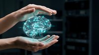 Hands protecting glowing digital brain with neural network connections representing artificial intelligence, mental health care and cognitive protection.