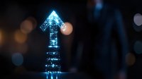 Glowing blue digital arrow pointing upward with bokeh light effects on dark background, representing growth, success and technological advancement.